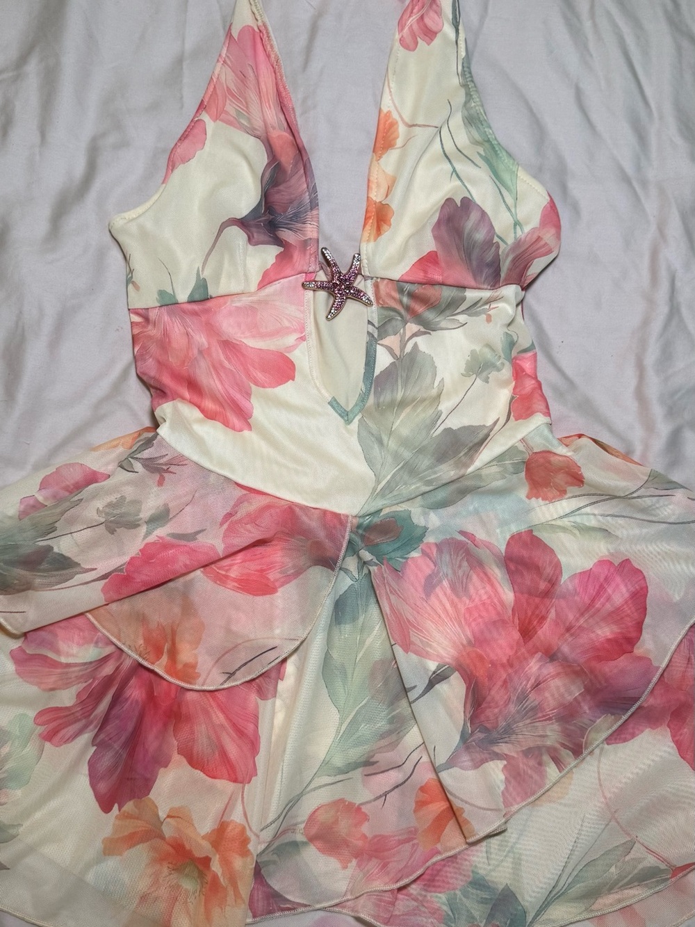 Floral V-Neck Ruffle Skirt Women’s Dress in Pink & Cream
